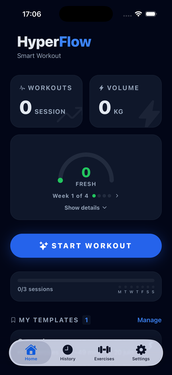 HyperFlow home dashboard showing active session, workouts and total volume